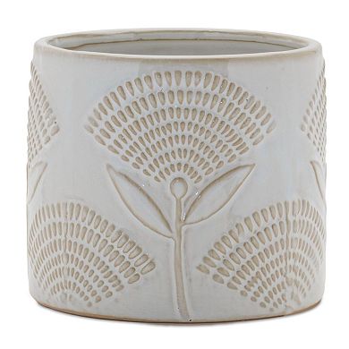 Set of 2 Decorative Porcelain Planters with Etched Floral Texture for Shelves and Tables