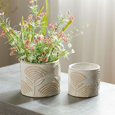 Set of 2 Decorative Porcelain Planters with Etched Floral Texture for Shelves and Tables