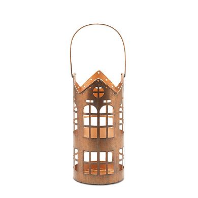 Punched Metal House Lantern Set of 2 with Warm Glow for Farmhouse or Rustic Decor