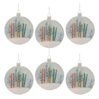 6 pc Glass Disc Ornament Set with Winter Scene Design for Christmas Tree and Holiday Décor