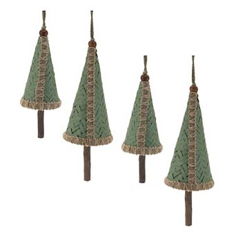 4 pc Woven Wicker Pine Tree Ornament Set for Christmas Tree and Holiday Decorating