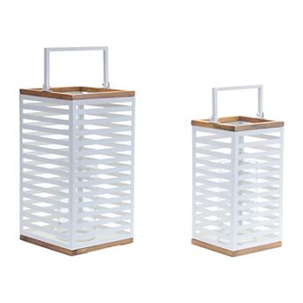 Set of 2 Metal Box Lanterns with Wood Accents for Table, Shelf, or Mantle Display