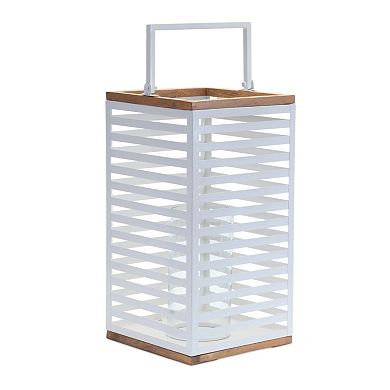 Set of 2 Metal Box Lanterns with Wood Accents for Table, Shelf, or Mantle Display