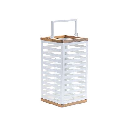 Set of 2 Metal Box Lanterns with Wood Accents for Table, Shelf, or Mantle Display