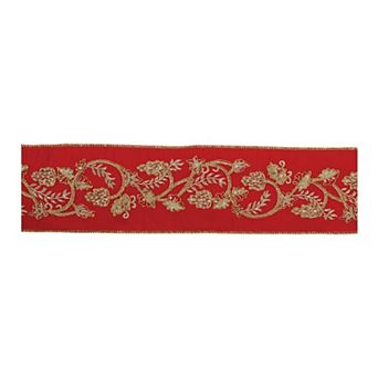 Holiday Ribbon with Ornate Winter Floral Design for Wreaths, Garlands, Gift Wrapping, and DIY Crafts