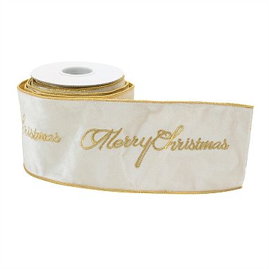 Wired Christmas Ribbon with “Merry Christmas” Embroidered Script for Wreaths and Crafts