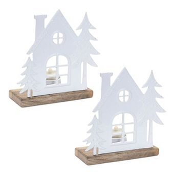 Tealight Candle Holders Set of 2 Metal House with Wood Base for Holiday Table Décor