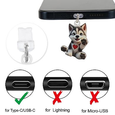 Dog Pendants Dust Plug Charm for Type-C Gray White 2 Pcs