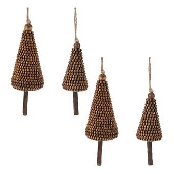 4 pc Wood Beaded Pine Tree Ornament with Jute String Hangers for Christmas Tree and Holiday Decor