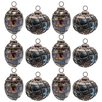 12 pc Distressed Mercury Glass Ornament Set with Ball and Cone Shapes for Holiday Decor