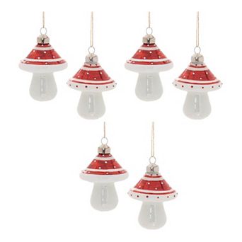 6 pc Glass Mushroom Ornament Set with Glitter Accents for Christmas Tree and Holiday Decor