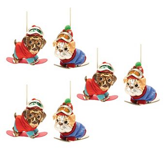 6 pc Snowboarding Dog Glass Ornament Set for Christmas Tree and Holiday Decor