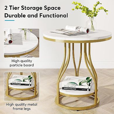 Round Nightstand or Side Table with Two Tier Metal Frame Table for Living Room