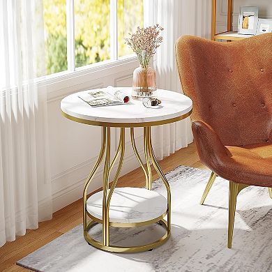 Round Nightstand or Side Table with Two Tier Metal Frame Table for Living Room