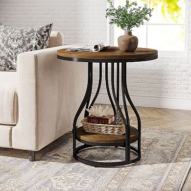 Round Nightstand or Side Table with Two Tier Metal Frame Table for Living Room