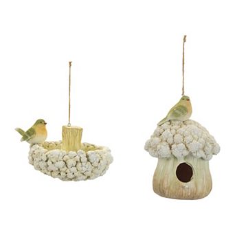 2 pc Birdhouse and Hanging Birdbath Ornament Set for Garden, Porch, and Patio Decor