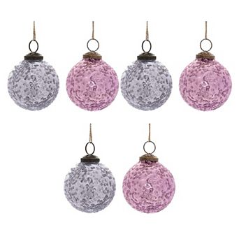 6 pc Glass Ball Ornaments, Distressed Finish Christmas Tree Hanging Decorations