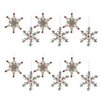 12 pc Snowflake Ornament Set with Jewel and Mini Ball Accents for Christmas Tree, Holiday Decorating
