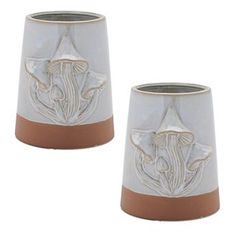 Set of 2 Tapered Porcelain Mushroom Accent Planters for Shelves, Tabletops, and Indoor