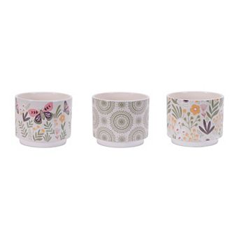 Set of 3 Decorative Dolomite Planters with Floral, Butterfly, Mandala Designs for Shelves, Tabletops
