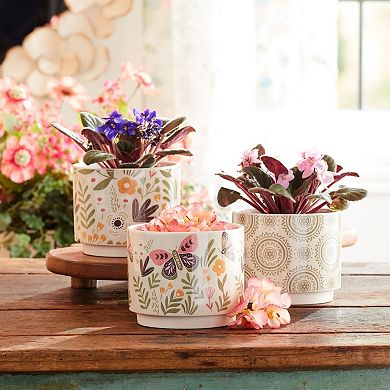 Set of 3 Decorative Dolomite Planters with Floral, Butterfly, Mandala Designs for Shelves, Tabletops