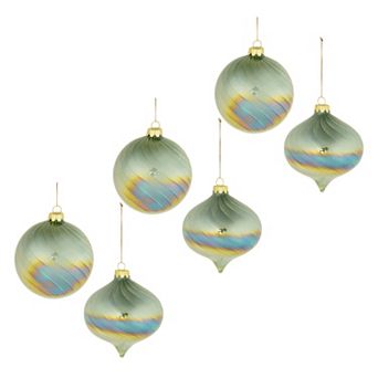 6 pc Iridescent Swirled Glass Ornament Set with Ball and Onion Shapes for Holiday Decor