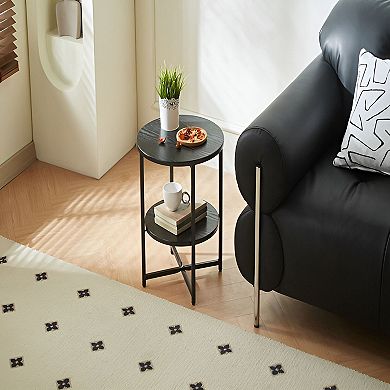 Round End Table with Storage Shelf, Bedside Nightstand for Small Spaces