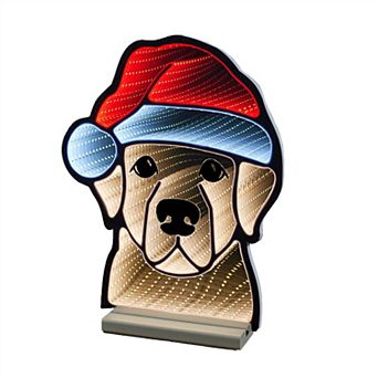 Lighted Dog with Santa Hat Decoration with Infinity Light Effect for Indoor, Covered Outdoor Display
