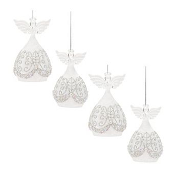 Set of 4 Frosted Glass Angel Christmas Ornaments with Beads and Pearls, Tree Decor