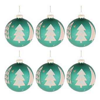 Pine Tree Frosted Glass Ball Ornaments Set of 6 Beaded Tree Decorations