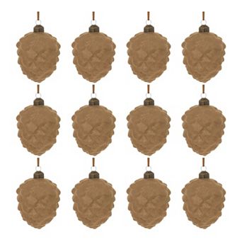 12 pc Flocked Glass Pinecone Ball Ornament Set for Christmas Tree and Holiday Decor