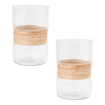 Set of 2 Glass Candle Holders with Wicker Accents for Pillar Candles or Small Vases