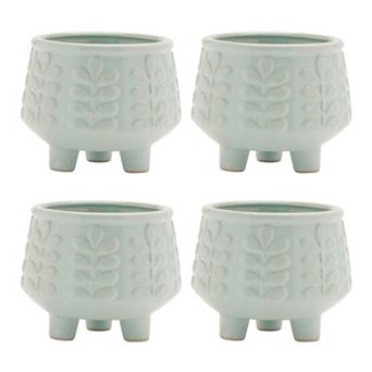 Set of 4 Decorative Ceramic Planters with Leaf Pattern for Shelves, Tables, and Mantels