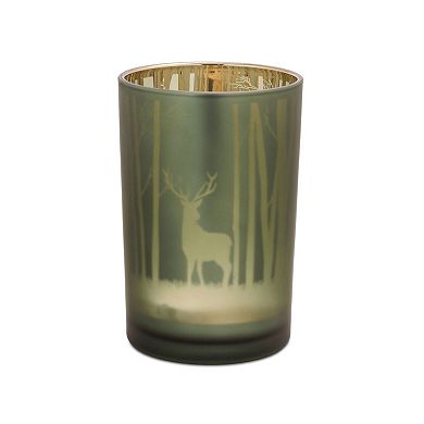 2-Piece Glass Candle Holders with Deer and Forest Design for Rustic Home or Lodge