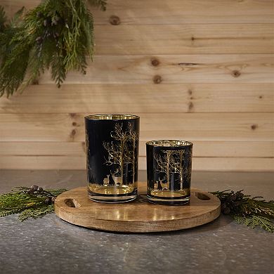 2-Piece Glass Candle Holders with Deer and Forest Design for Rustic Home or Lodge