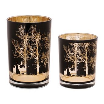2 pc Glass Candle Holders with Deer and Forest Design for Rustic Home or Lodge