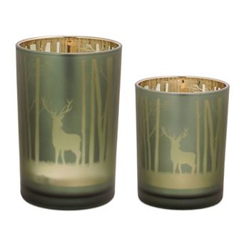 2 pc Glass Candle Holders with Deer and Forest Design for Rustic Home or Lodge