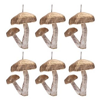 6 pc Double Mushroom Ornament Set with Metallic Tops for Christmas Tree and Holiday Decor