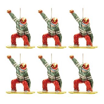 6 pc Glittered Snowboarder Glass Ornament Set for Christmas Tree and Holiday Decor