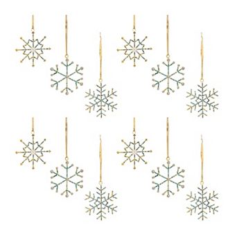 12 pc Jeweled Metal Snowflake Ornament Set for Christmas Tree and Holiday Decorating