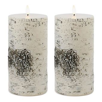 Flameless Birch Pillar Candles Set of 2, Remote Controlled, Battery Operated for Seasonal Decor