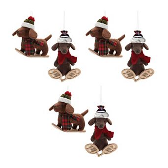 6 pc Plush Winter Sport Dog Ornament Set for Christmas Tree and Holiday Decorating