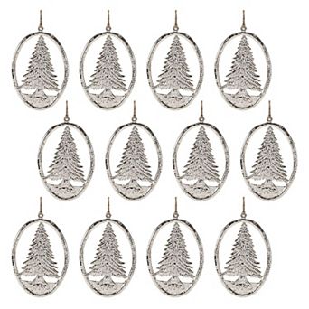 12 pc Etched Metal Pine Tree Oval Ornament Set for Christmas Tree and Holiday Decor