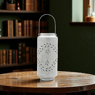 Punched Metal Candle Lantern with Handle for Table, Shelf, Mantle, or Indoor Décor