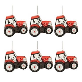 6 pc Tractor Ornament Set with Glitter Accents for Christmas Tree and Holiday Decorating