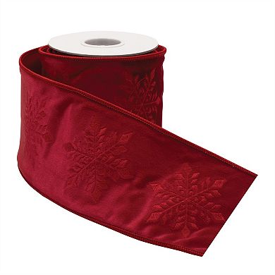 Wired Polyester Ribbon with Embroidered Snowflake Design for Wreaths, Garlands, and Gift Wrapping
