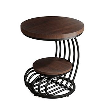 Round Side Table with Lower Shelf, Metal Frame End Table for Bedroom or Living Room