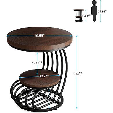 Round Side Table with Lower Shelf, Metal Frame End Table for Bedroom or Living Room