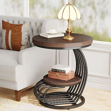 Round Side Table with Lower Shelf, Metal Frame End Table for Bedroom or Living Room