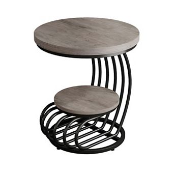 Round Side Table with Lower Shelf, Metal Frame End Table for Bedroom or Living Room